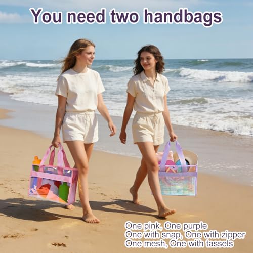Gryvol 2-Piece 26L Iridescent Beach Bags for Women,Purple Beach Tote Bag & Pink Clear Tote Bag, Large Waterproof Beach Bag...