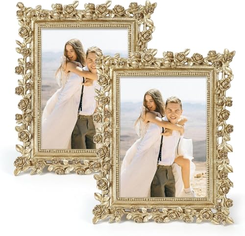 FOLKOR 5x7 Wedding Frame Gold, 2 Pack Decorative Picture Frame with Stand for Tabletop Shelf Decor, Antique Brass Floral P...