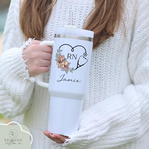 Personalized RN Registered Nurse 40oz Tumbler with Floral Stethoscope & Custom Name – Stainless Steel Insulated Travel Mug...