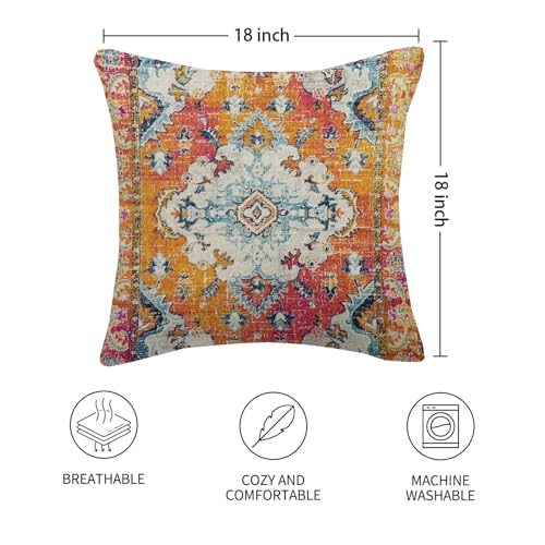 AELUTYSH Vintage Boho Pillow Covers 18X18 Inch Set of 2 Antique Ethnic Orange Teal Carpet Pattern Throw Pillow Covers Bohe...