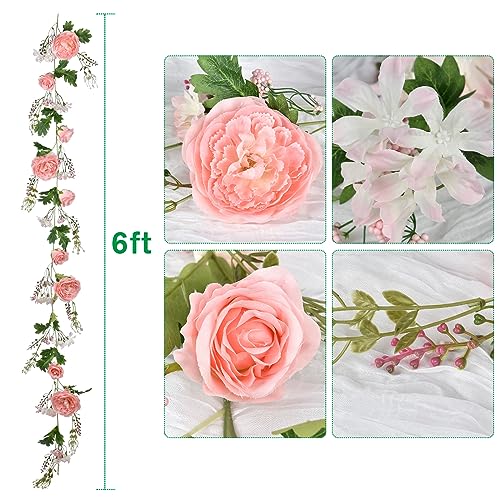 Artiflr 2 Pack Artificial Peony Garland Flowers, 12ft Floral Greenery Garland Rose Flower Vine with Pink Peony and Green L...