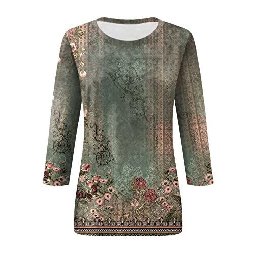 BTCOW Womens Summer Fashion Tops 3/4 Sleeve Round Neck Shirts Casual Print Trendy Three Quarter Length T Shirt