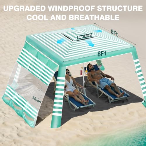 Rhino Valley Beach Cabana, 8 * 8FT Beach Tent UPF50+ Protection, Easy Setup Beach Canopy Wind Resistant with Cup Holder, C...