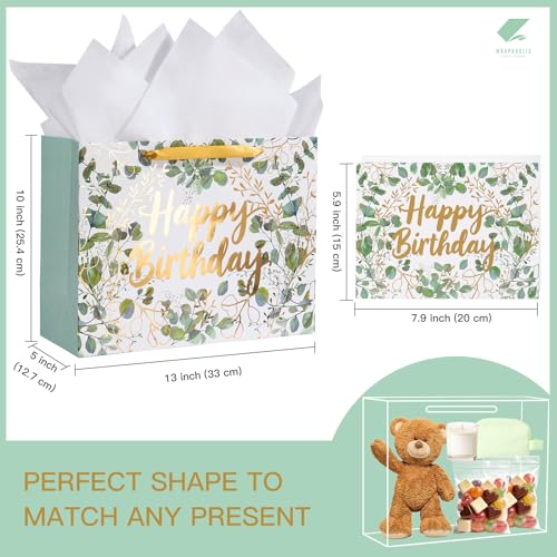 WRAPAHOLIC 13" Large Birthday Gift Bag with Card and Tissue Paper - Green and Gold Foil Eucalyptus Paper Bags for Kids Bir...