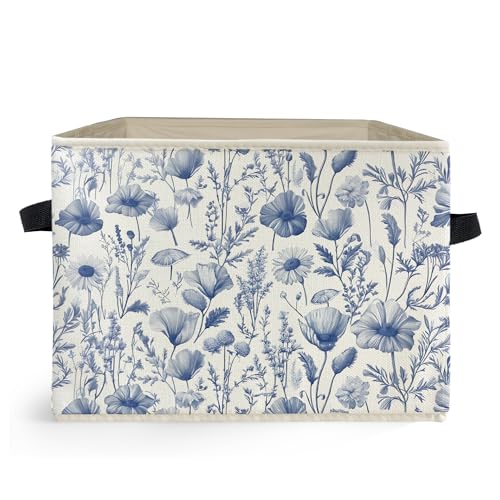 Ghoaoivo Blue and White Floral Storage Box Bins, Chinoiserie Flower Botanical Collapsible Storage Basket Organizer for Bed...