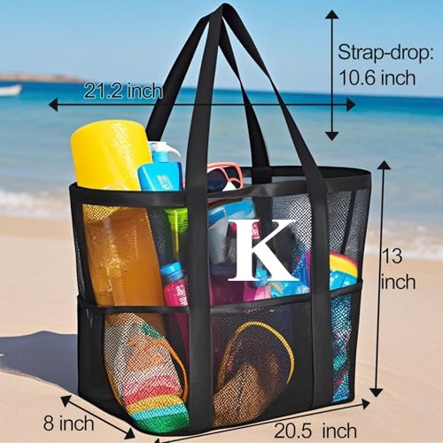 wanchel Personalized Mesh Beach Bag for Women - Waterproof Initial Tote Bag for Family Travel, Toys, Vacation Essentials