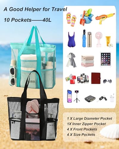 Funxdola 2-Pack Large Mesh Carryall Tote Beach Bags - 8 Front Back Pockets Zip Compartment for Toiletry Travel with 2 S Hooks