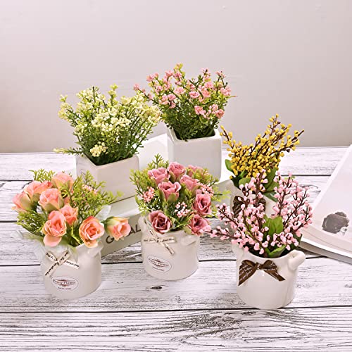 LUEUR 6Pcs Artificial Flowers with Ceramic Pot Fake Flower Arrangements Small Faux Spring Flowers in Vase Spring/Summer De...