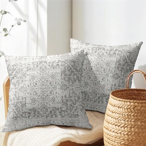 Boho Throw Pillow Covers 20X20 Inches Set of 2 Grey and White Ethnic Design Pillowcase Soft Cotton Linen Square Carpet Pat...