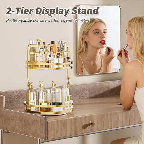 360° Rotating Makeup Organizer, 2-Tier Gold Perfume Organizer for Dresser, Bathroom Organizers Countertop, Perfume Shelf w...