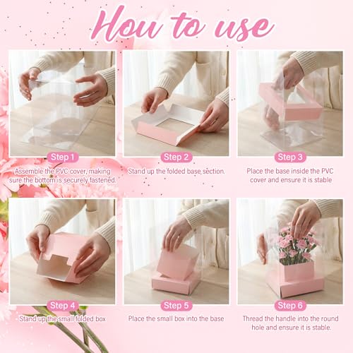 Kolldenn 12 Pack Clear Pink Flower Bouquet Bags with Handle, 9.45 Inch Mother's Day Boxes for Floral Arrangement, PVC Wate...