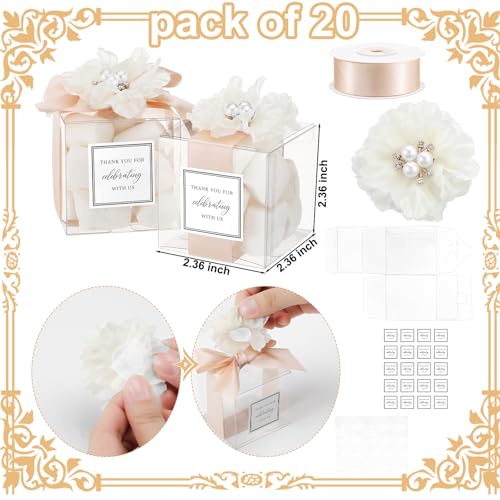 Wenqik 20 Pack Clear Wedding Favor Boxes with Ivory White Pearl Flowers, Ribbon and Thank You Stickers, Elegant Plastic Ca...
