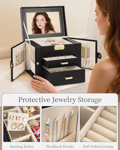 TORIBIO Jewelry Box for Women, Leather Jewelry Organizer with Mirror & Lock, 3-Tier Jewelry Storage Organizer with 2 Drawe...