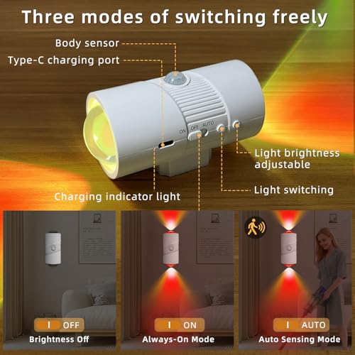Rechargeable RGB Motion Sensor Night Light, Color Changing LED Night Light with Stick-on Magnet, 4-Level Adjustable Bright...