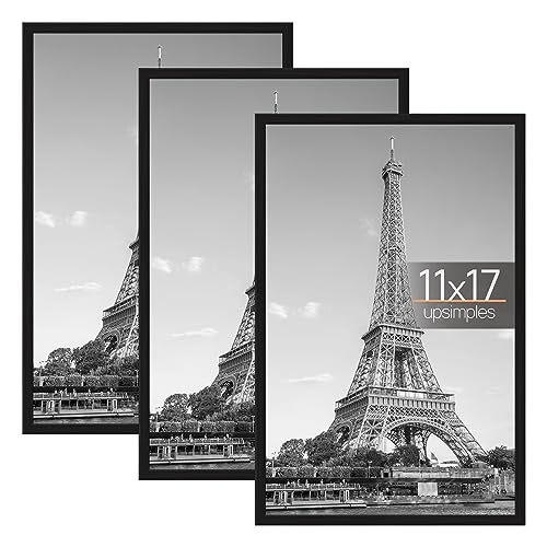 upsimples 11x17 Picture Frame Black 3 Pack, Scratch-Proof 11 x 17 Poster Frames for Photo Gallery - Slide-In Strips, Horiz...