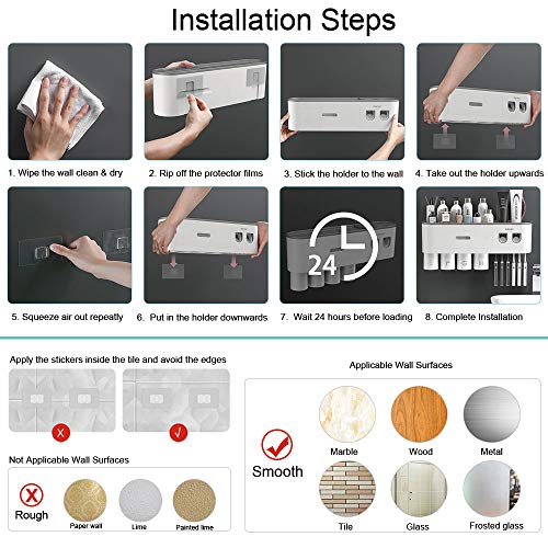 BHeadCat Toothbrush Holders for Bathrooms Wall Mounted, 6 Slot Toothbrush Holder with 2 Automatic Toothpaste Dispensers, 2...
