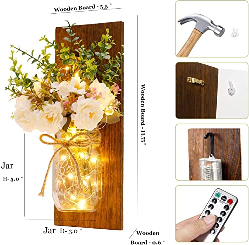 Rustic Wall Sconces Mason Jar Sconces Handmade Wall Art Hanging Design with Remote Control LED Fairy Lights and White Peon...