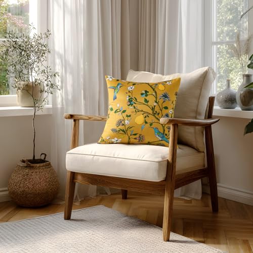 Mustard Yellow Floral Pillow Covers 18x18 Set of 2, Velvet Wild Flower Plant Throw Pillows Case, Square Farmhouse Decor Cu...