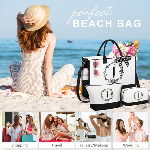 Personalized Gifts for Women, Initial Canvas Tote Bag & Makeup Bag Monogrammed Beach Tote Bags for Women w/ Zipper, Mother...