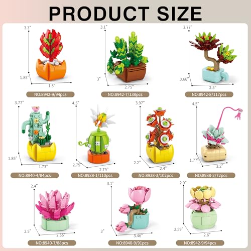 Sawaruita 10 Pack Succulent Mini Plant Building Blocks Set for Adults - 990 Pcs Flower Botanical Collection Home Office De...