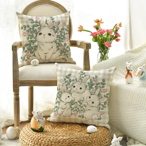 AVOIN colorlife Happy Easter Buffalo Plaid Rabbit Pink Throw Pillow Cover, 20 x 20 Inch Eucalyptus Leaves Hello Spring Cus...