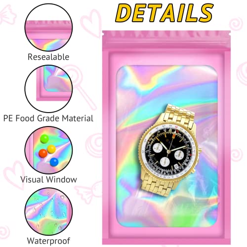 TIFICAL 100 PCS Holographic Bags, Smell Proof Bag, Resealable Gift Bags, Clear Bags for Food Storage, Party Favor Bag, Myl...