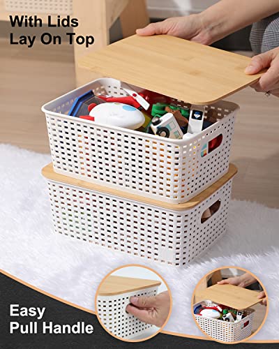 EOENVIVS Plastic Storage Baskets with Bamboo Lids for Pantry Organization and Storage Containers Bins for Shelves Drawers ...