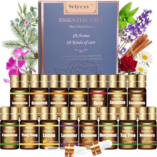 Wtrcsv Essential Oils Set - Top 15 Scents for Diffuser, Humidifier, Skin Care, Aromatherapy, Massage, Candle & Soap Making...