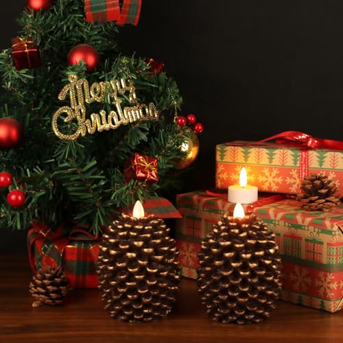 Wondise Flameless Candles with Timer, Battery Operated Flickering Wick Real Wax Pine Cone Candles for Holiday Indoor Decor...