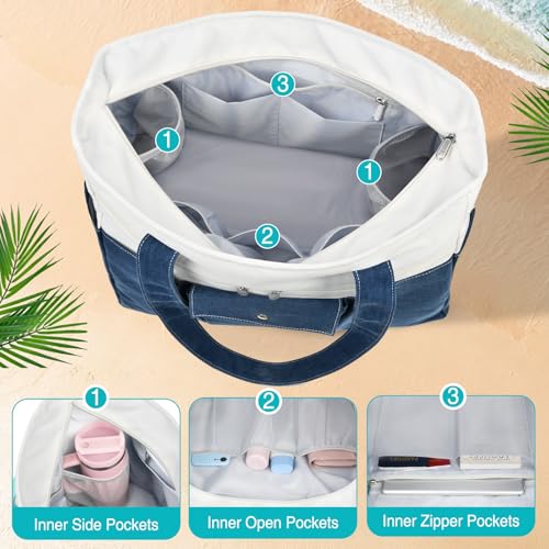 ZENTREON Beach Bags for Women Large Canvas Beach Tote with Zipper Wet Pocket, Waterproof Foldable Swim Pool Travel Tote Bags