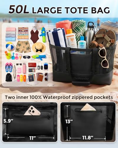 OnWander Large Mesh Beach Tote Bag - 50L Pool Bags with 2 Inner Zipper Waterproof Pockets for Swim Toys Towels Travel
