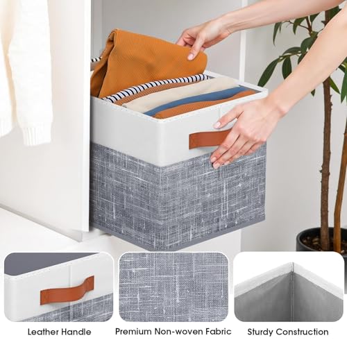 Fab totes Collapsible Storage Baskets for Shelves,14"x10", 4 Pack Foldable Fabric Storage Bins with Double Leather Handle...
