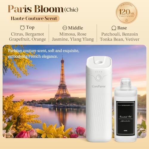 CoreFavor Waterless Essential Oil Diffuser (M60) with 120ml Oil, Portable Battery-Operated Cold Air Aroma Scent Machine, 4...