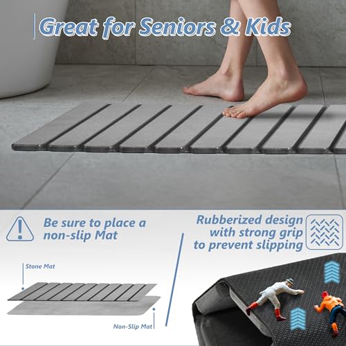 AWW Foldable Stone Bath Mat, Super Absorbent Diatomaceous Earth Mats, Non-Slip 23.6 x 15.5 Inch Quick Drying Mat, Compact ...