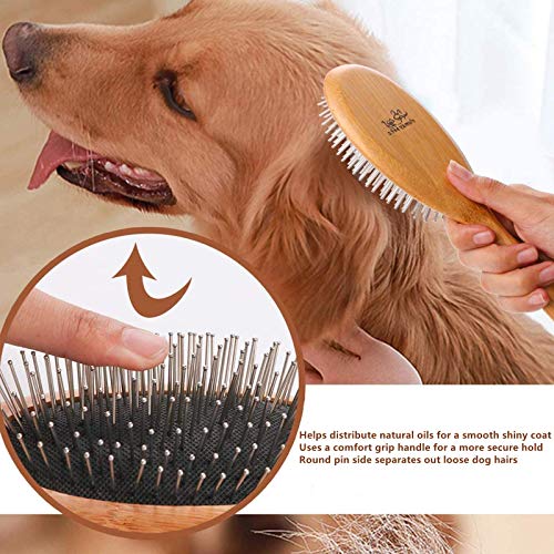 ClumsyPets Dog & Cat Ball Pin Slicker Grooming Brush with Bamboo Handle for Pets Massage Bath and Removes Mats Loose Fur H...