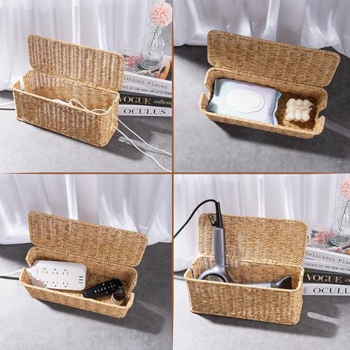 Cable Management Box, Handmade Rattan Cable Organizer with 2 Open Slots, Cord Hider for Power Strip, Router & USB Hub, Reg...