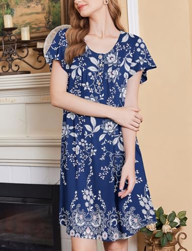 Ekouaer House Dress for Women with Pockets Short Sleeve Moo Moos Plus Size Nightgowns Floral Print Mumu Dresses