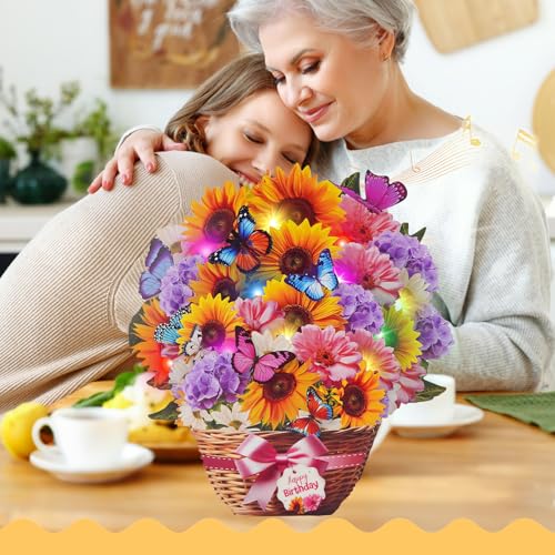 MZD8391 Birthday Cards with MUSIC & LIGHTS, Pop Up Happy Birthday Card, Sunflower & Butterfly, 10 Inch Life Sized Forever ...