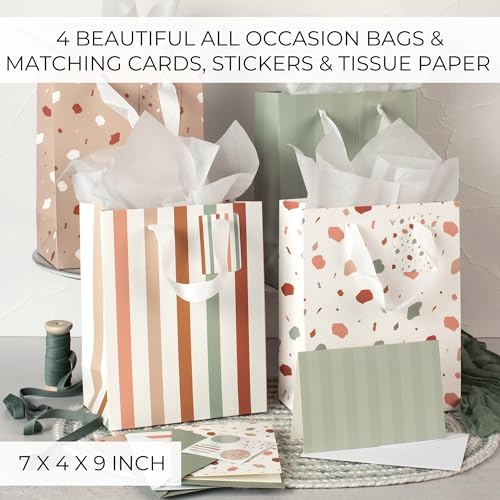 Beautiful Gift Bags Set of 4 - Medium Sized 9" Bags with Handles incl. Matching Tissue Paper, Cards & Small Stickers - Reu...