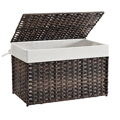 SONGMICS Storage Basket with Lid, Woven Blanket Storage Bin with Handles, Foldable, Removable Liner, Metal Frame, for Bedr...