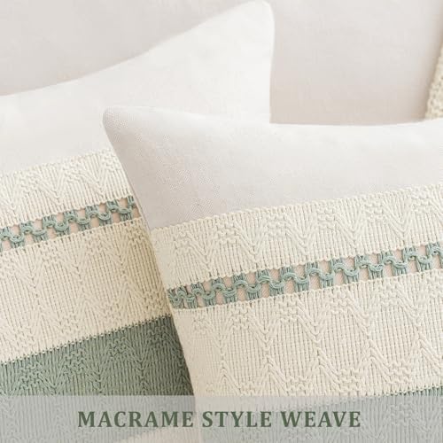 Laolitou Set of 2 Boho Throw Lumbar Pillow Covers 20×12, Rustic Farmhouse Cotton Linen Soft Sage Green Decorative Pillow C...
