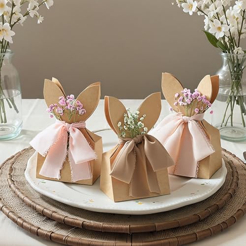 Affrolling 24 Set Boho Bow Easter Bunny Party Favor Bags DIY Bunny Gift Boxes with Neutral Bow Ribbon and Dried Flowers Ru...