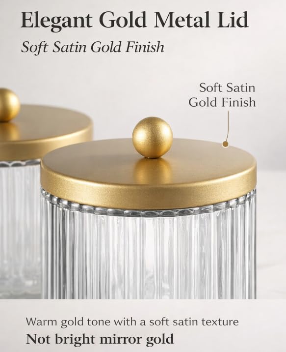 KMwares Matte Golden Yellow Set of 2 Glass Qtip Holder Dispenser Set for Cotton Ball, Swab, Round Pads, Floss Picks - Bath...