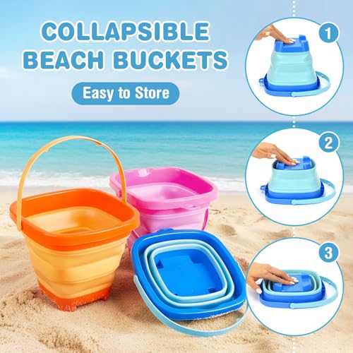 Dreamon Beach Toys for Kids 3-10, Collapsible Sand Castle Toys for Beach Include 3 Pack Foldable Buckets, Shovels Molds an...