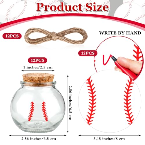 Draupnir Sand Keepsake Jar 12PCS 3.4 oz Baseball Printed Round Jar with Cork Lid, 12 Baseball Cardstock and 12 Hemp Ropes,...