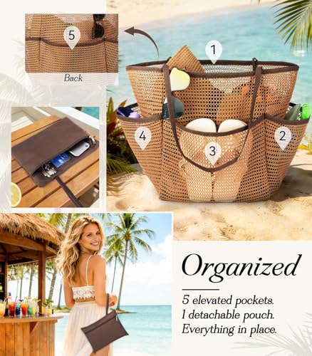 Yeendibo 2026 Upgraded Beach Bag for Women – Boho Chic Nylon Mesh Hobo Tote with Detachable Zipper Pouch & Canvas Base | C...