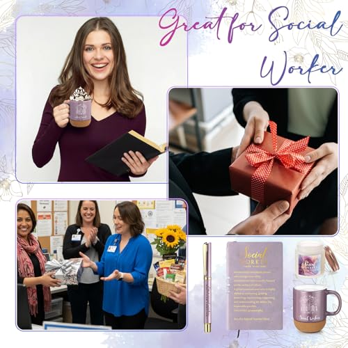 Baderke 4 Pcs Social Worker Graduation Gifts in Lavender, 15 Oz Mug Notebook Pen Candle Gift Set for BSW MSW DSW, Social W...