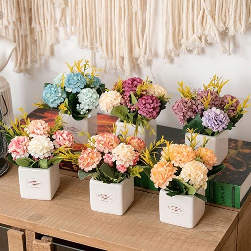 6Pcs Artificial Flowers with Ceramic Pot Small Fake Hydrangea Flowers Arrangements Faux Spring Flowers in Vase Home Spring...