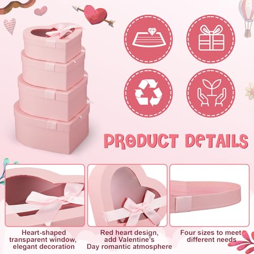 Resurhang 4 Pcs Mother's Day Flower Boxes Heart Shaped Boxes Floral Gift Assorted Sizes with Transparent Window Lids and R...