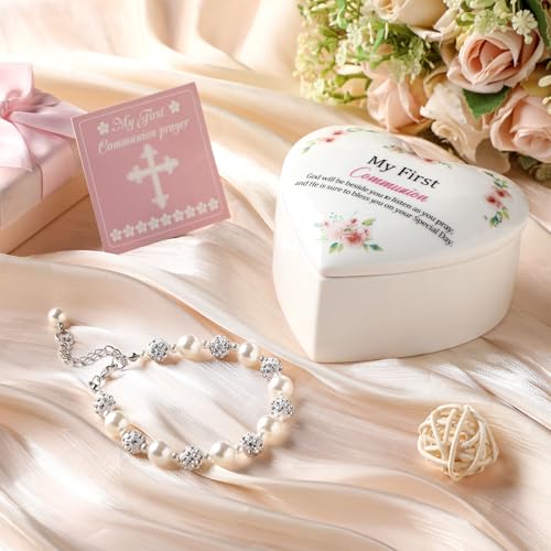 Funtery First Communion Gifts for Girls Ceramic Jewelry Keepsake Box with a Pray Card 1st Holy Communion Gifts for Girls B...